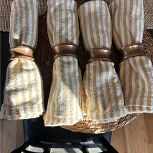 Set of 4 Magnolia brand napkin rings & Yellow and White Striped Napkins,